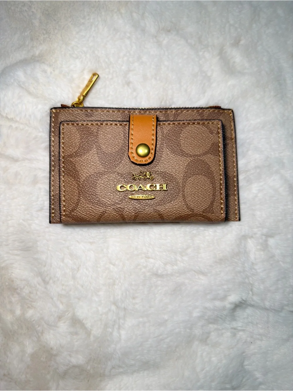 Coach Brown Monogram Zip Card Case with Gold Hardware